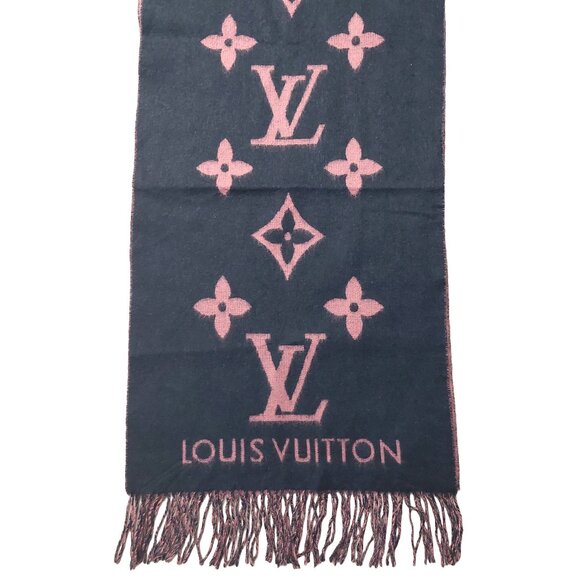 LOUIS VUITTON Reykjavik Navy Blue & Lavender Reversible Cashmere Scarf Pre-Owned - Picture 3 of 11